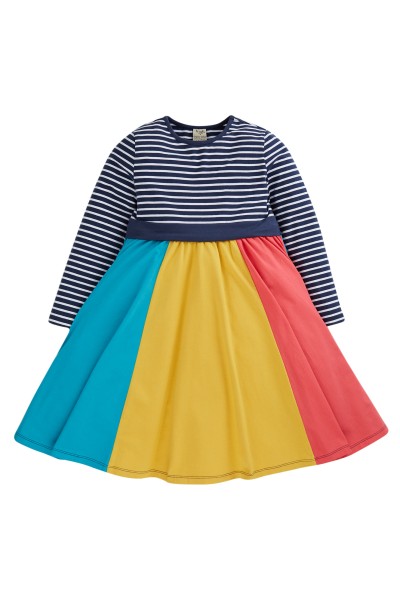 Frugi Rainbow Skater Dress, Indigo Stripe/Rainbow