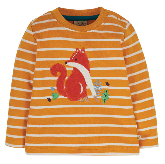 Frugi Little Discovery Applique Top Gold Stripe Fox